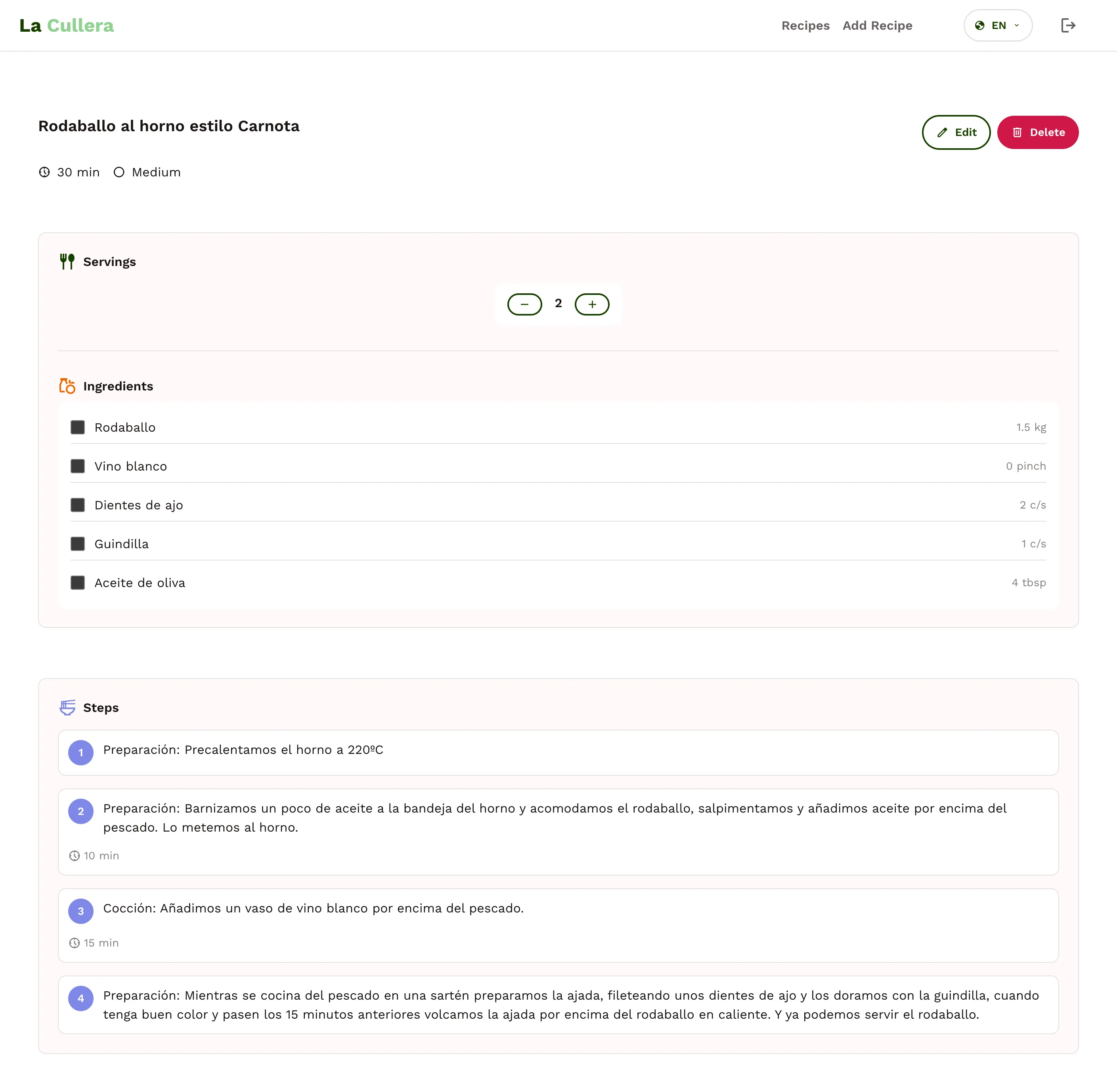 La Cullera recipe page showing ingredients with adjustable quantities and preparation steps